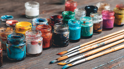 brushes and paints on the table