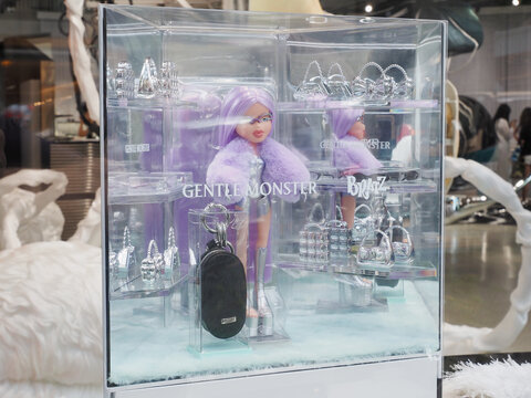 TOKYO, JAPAN - August 21, 2025: Display in the window the Gentle Monster Aoyama flagship store including a collaboration with Bratz.