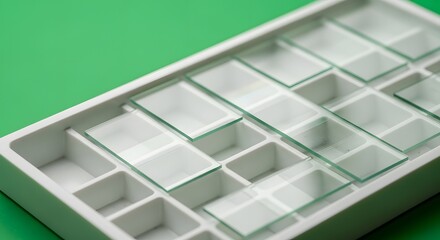 Clear Glass Slides in White Tray on Green Background, Laboratory Science