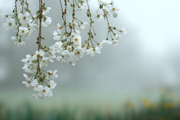photo of delicate spring flowers hanging from long stems on a pastel green background, with copy space. soft focus and a misty effect create an ethereal feel. minimalist floral composition.