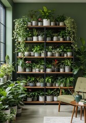 Indoor botanical garden display with lush plants adorning shelves and decor