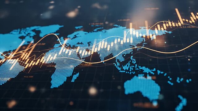 Digital world map with financial stock market data overlay - Powered by Adobe