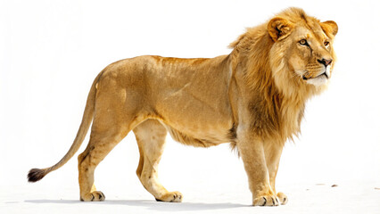 A majestic lion standing tall with its golden mane flowing on a stark white background in a studio shot