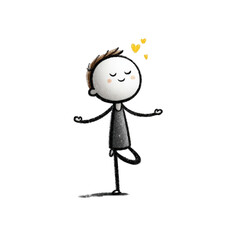 A simple stick figure person meditating in a yoga tree pose with eyes closed and a smile, demonstrating inner peace and balance, isolated on transparent background