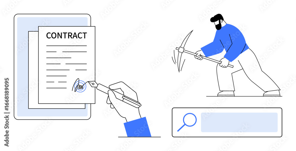 Poster contract signing with a pen, data mining with a pickaxe, and a search bar symbolizing exploration. i
