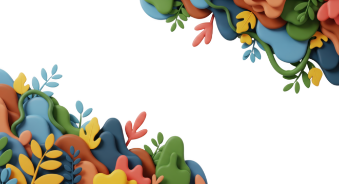 Playful Paper-Cut Style Foliage Frame with Vibrant Colors and Black Backdrop