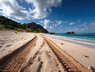 Bright Sunny Day at a Secluded Beach with Tire Tracks Leading to a Scenic Horizon