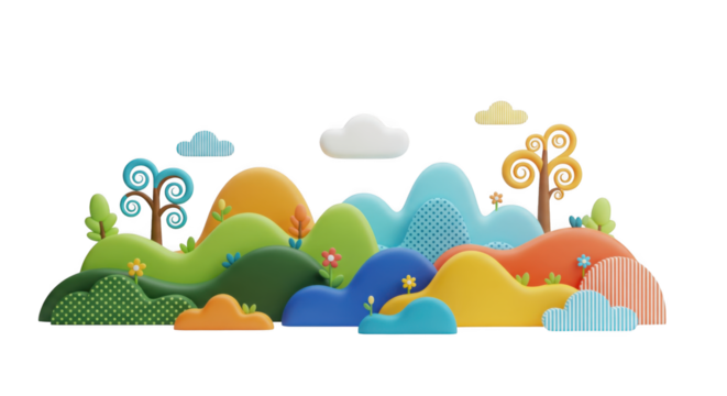 Colorful Playful Abstract Landscape with Hills, Trees and Clouds on Black