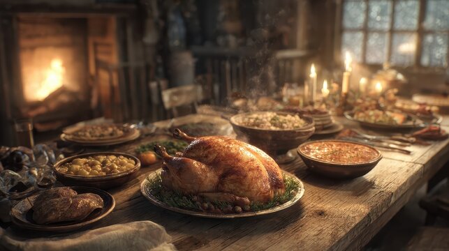 Festive Thanksgiving Feast: Roasted Turkey, Side Dishes, and Candlelit Ambiance