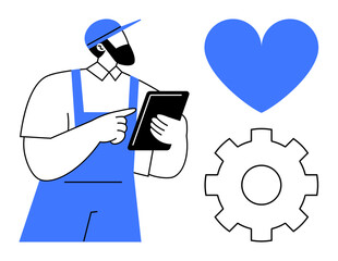 Worker in uniform holding and pointing at tablet, blue heart and gear nearby. Ideal for technology, industry, customer support, maintenance, innovation, teamwork, simple landing page