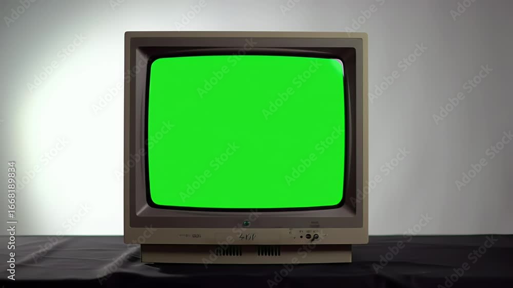 Poster retro crt monitor with green screen display for chroma key and digital content placeholder