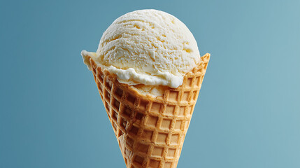 鮮やかな水色の背景に、ワッフルコーンに盛られたバニラアイスクリームのクローズアップ