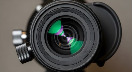 Camera Lens Closeup with Green Reflection, Macro View of Professional Photography Equipment