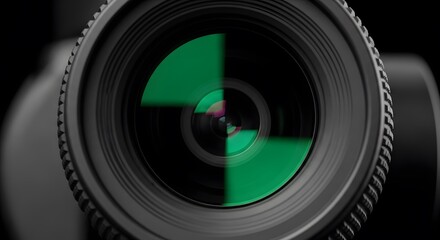 Close-up Black Lens Showing Green Reflection on Dark Background