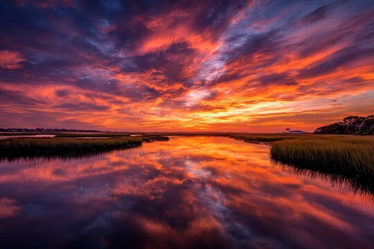 Fiery Sunset Reflection Over Marshland Waterway, Dramatic Sky