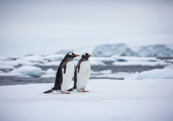 Obraz premium Gentoo penguins surveying icy terrain, demonstrating resilience and bonding