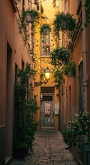Obraz premium Sunlight-drenched Italian alleyway. Plants & lanterns