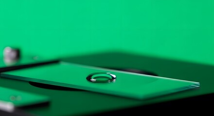 Shiny Water Droplet on Rectangular Green Glass Surface with Soft Lighting