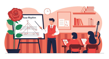 An instructor guides students through rhythm exercises in a music-filled classroom