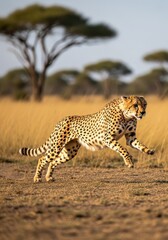 Obraz premium Cheetah in full sprint across the African savanna on a bright sunny day