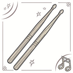 Illustration of a pair of drumsticks with musical notes and stars for music and rhythm concepts