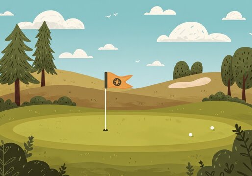 illustrated golf course landscape with flag and balls on green under blue sky. national golf month theme. sport, outdoor activity, nature. print design, banner.