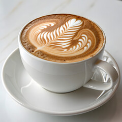A beautifully crafted latte with intricate latte art served in a classic white ceramic cup and saucer