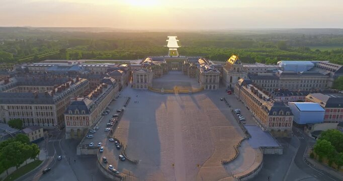 Aerial view of Palace of Versailles and the gardens surrounding it, France
