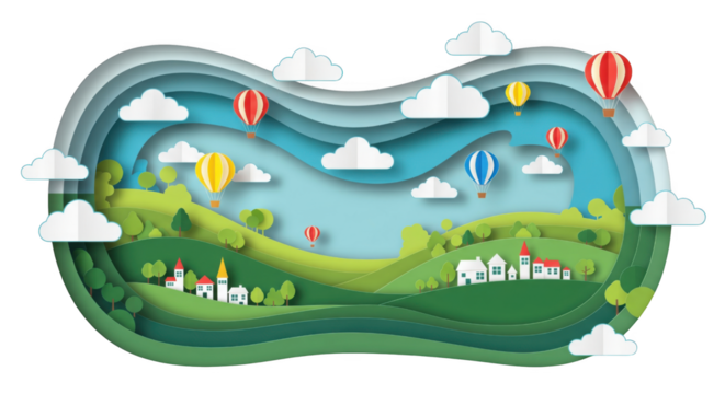 Paper Cut Landscape with Balloons and houses layered background vector