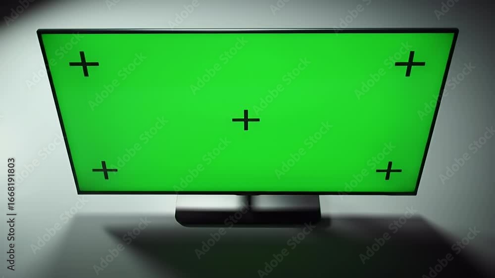 Poster modern computer monitor with green screen and tracking markers. blank display for chroma key composi