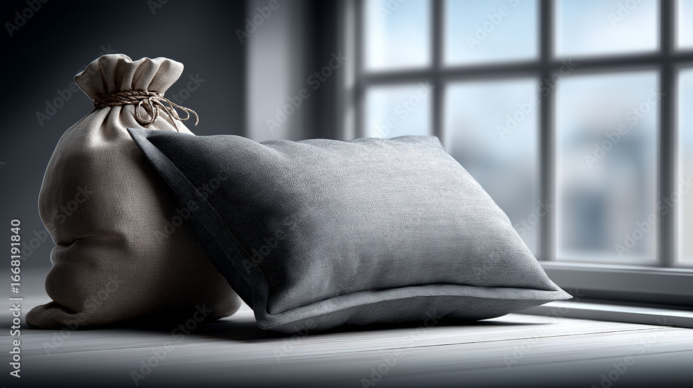 Poster still life with a sack and pillow: a close-up capture of a linen sack and a rectangular pillow on a 