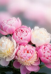 Elegant bouquet showcasing pastel peonies with morning dew freshness