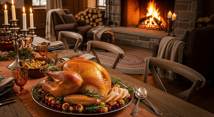 Thanksgiving dinner table with roasted turkey and fireplace ai generated