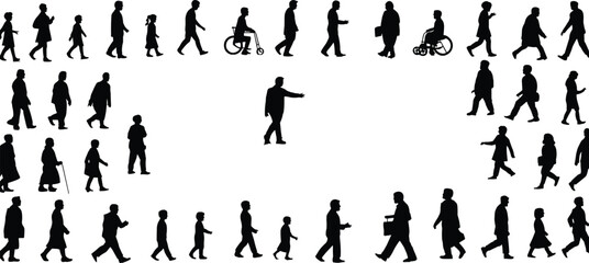 Naklejka premium Human life stages silhouette, people walking evolution, growing and aging process, age diversity, mobility changes, human development timeline, vector graphic illustration