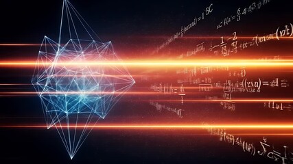 Geometric shape with glowing lines and flowing mathematical equations - Powered by Adobe