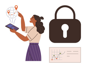 Woman interacts with digital network, location points on globe, lock symbol for security, and analytics chart. Ideal for technology, cybersecurity, data privacy, business, connectivity analytics