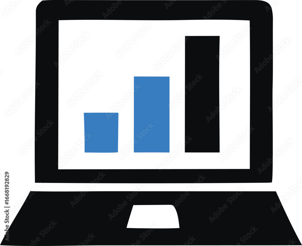 Poster modern laptop displaying upward trend bar chart data insights for business growth and financial perf