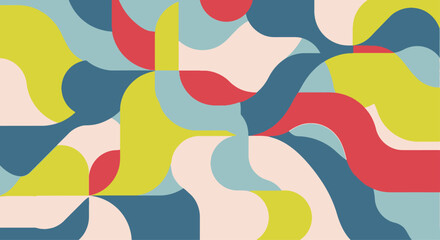 Abstract geometric pattern with flowing shapes in muted colors of yellow, blue, red, and cream.