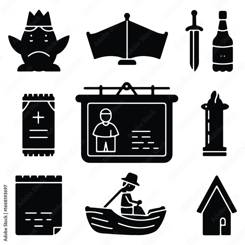 Poster collection of diverse monochrome icons representing various themes and concepts in a flat design sty