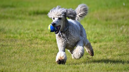 Fototapeta premium Poodles at Play: Watch These Intelligent, Fluffy Pups Chase Toys, Frolic in Yards, and Spark Joy with Their Lively Antics