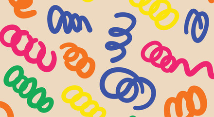 Colorful abstract pattern with swirls, doodles, and scribbles on a light background.