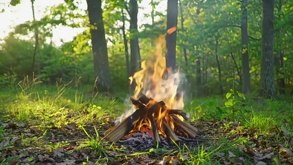 Bright campfire burning with smoke and logs in a vibrant green forest. Golden hour sunlight illuminates the outdoor nature scene.