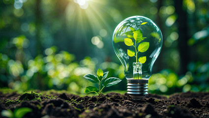 Lightbulb with small plant on soil under sunshine symbolizing green energy and sustainability