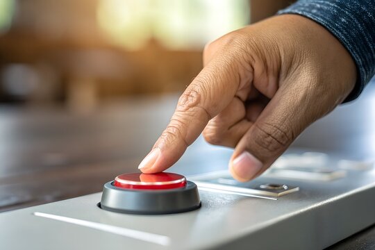 Close up of a person s finger pressing a large red button on a control panel activating a mechanism or starting a process