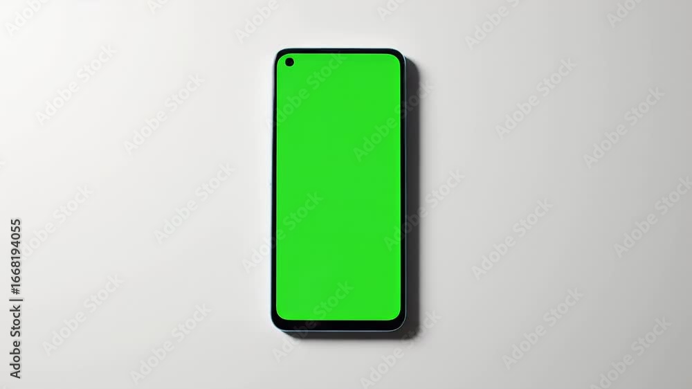 Poster modern smartphone with green screen display on white background, mock-up template for app or content