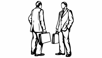 Two businessmen in suits holding briefcases facing each other in a monochrome illustration style image