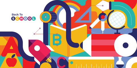 Back to school background in modern geometric style. Colorful education themed design for sales, promotions, posters, and flyers