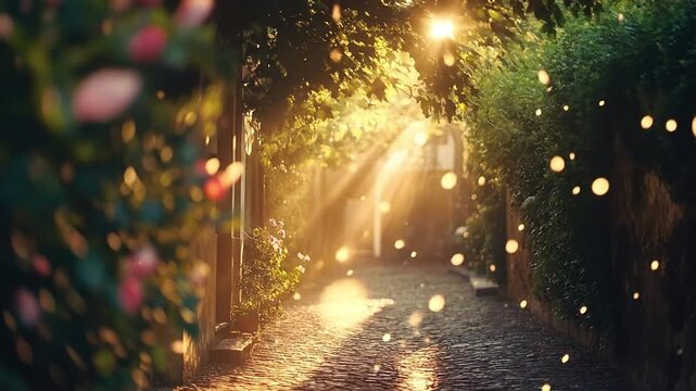 Sunlit cobblestone path lined with greenery and old buildings dappled with bokeh orbs bathed in golden sunlight