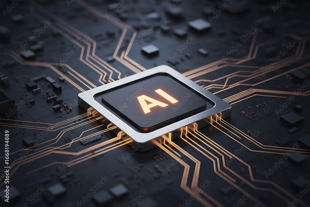 Poster artificial intelligence chip glowing with the word ai inscribed, representing the advanced technolog