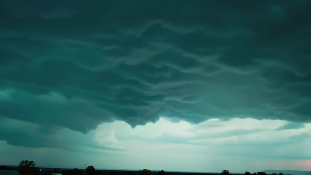 Breathtaking dark green mammatus storm clouds dramatically undulate across the ominous sky, showcasing a rare and powerful weather phenomenon.